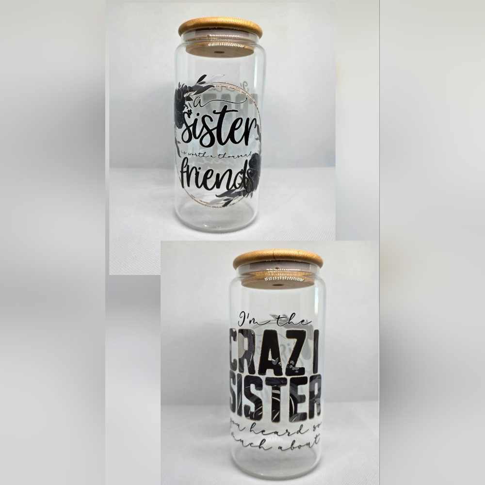 16 oz Glass Can Cup with Bamboo Lid and Glass Straws - Crazy Sister/Friend